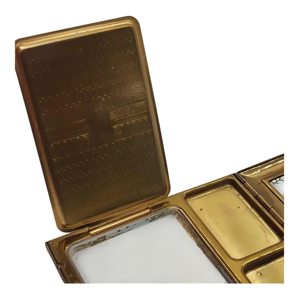 Vintage Shields Guilloche Enamel Rose Powder Compact Black Art Deco Mirror Case